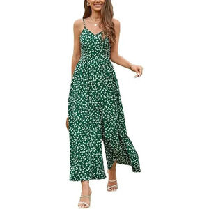 Women Summer Floral Long Rompers Smocked Sleeveless  Jumpers with Pockets